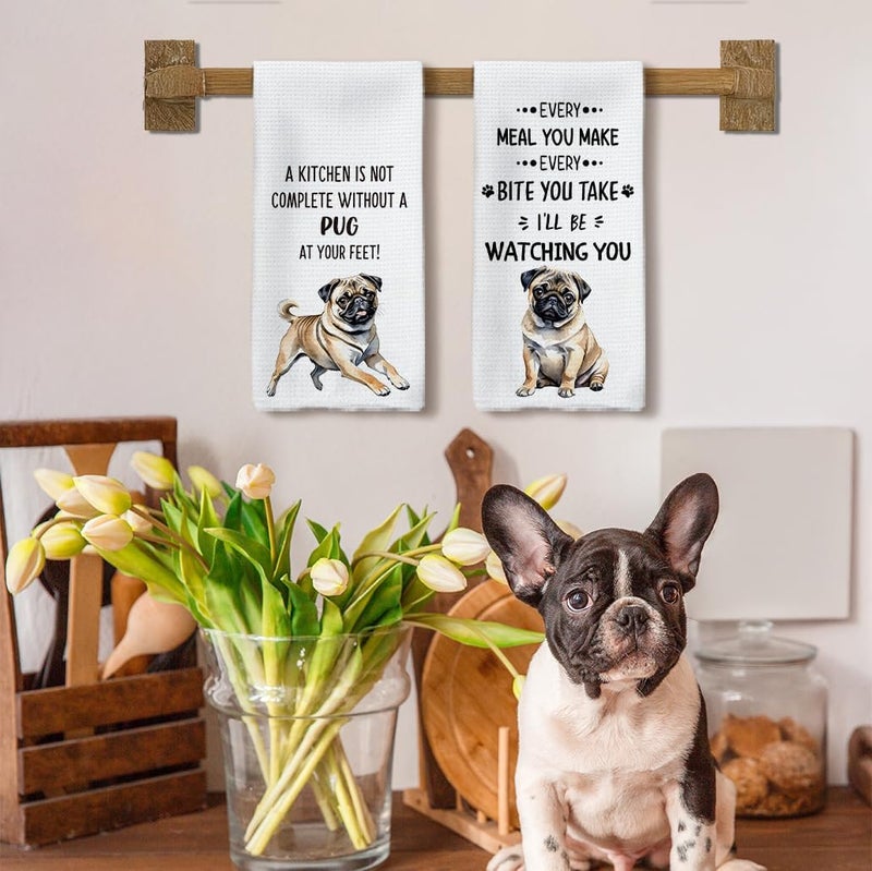 Tzhim Pug Gifts Kitchen Towels Set of 2, Pug Gifts for Pug Lovers Women, Pug Mom Gifts, Pug Decor Hand Towels, Pug Dog Dish Towels Tea Towels for Kitchen, Dog Kitchen Bathroom Decor, 16x24inch - Image 3